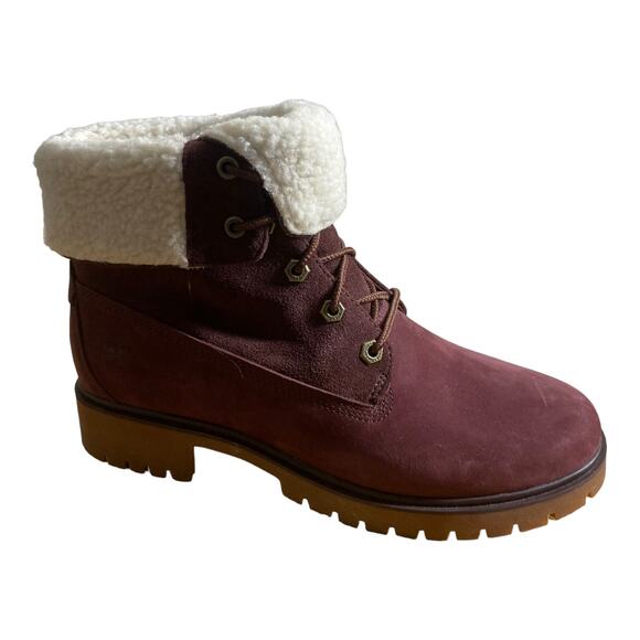 Timberland Jayne Waterproof Teddy Fleece Fold Down Boot in Burgundy  9 - Picture 1 of 5